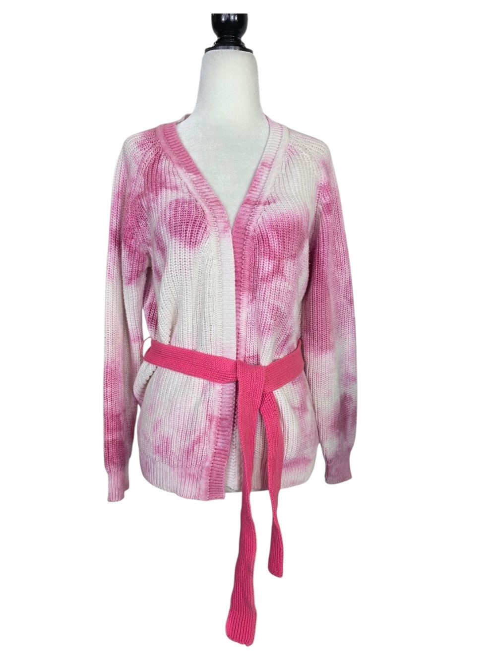 Dimora Tie-Dye Pink Belted open front  Cardigan Sweater